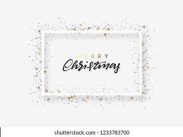 Christmas greeting card design with white frame with golden glowing glitter, gold confetti,yellow star sparkles. Handwritten lettering text merry Christmas