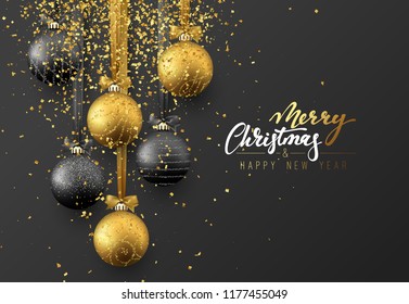 Christmas greeting card, design of xmas balls with golden glitter confetti on dark background.