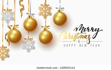 Christmas greeting card, design of xmas balls with golden glitter snowflake hanging on the ribbon.