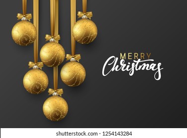 Christmas greeting card, design of xmas golden balls on dark background.