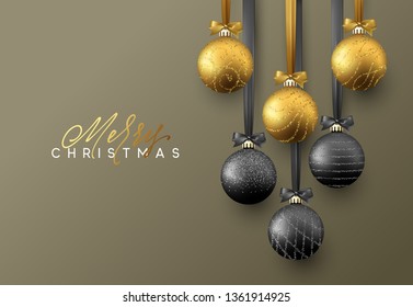 Christmas greeting card, design of xmas golden and black balls on dark background.