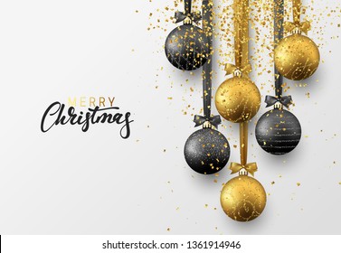 Christmas greeting card, design of xmas balls with golden glitter confetti