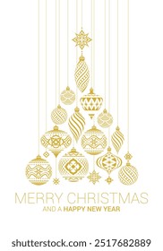 Christmas greeting card. Design of xmas decoration balls hanging on ribbon in the the shape of a christmas tree. Merry Christmas and happy new year