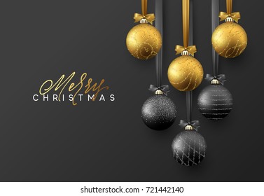 Christmas greeting card, design of xmas golden and black balls on dark background.