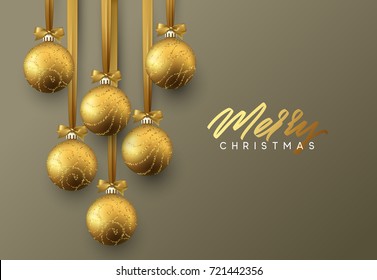 Christmas greeting card, design of xmas golden balls on dark background.