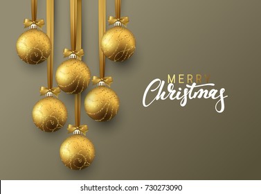 Christmas greeting card, design of xmas golden balls on dark background.