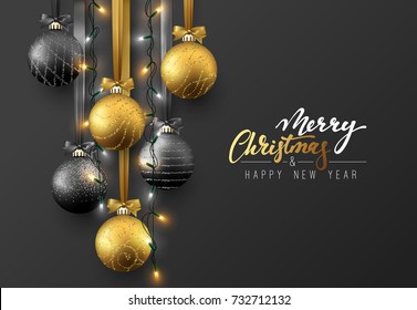 Christmas greeting card, design of xmas ball with realistic garlands on dark background.