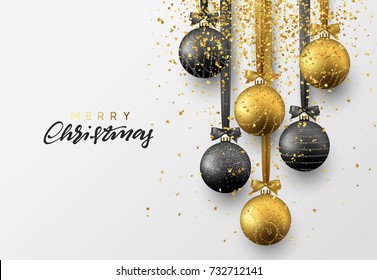 Christmas greeting card, design of xmas balls with golden glitter confetti.