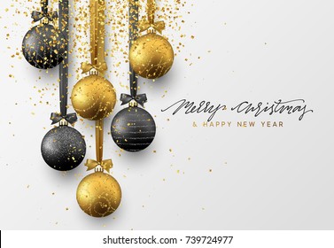 Christmas greeting card, design of xmas balls with golden glitter confetti