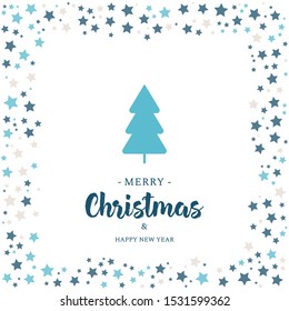 Christmas Greeting Card Design.New Year Festive Postcard.X Mas Background.christmas Illustration With  Tree, Stars And Typography.