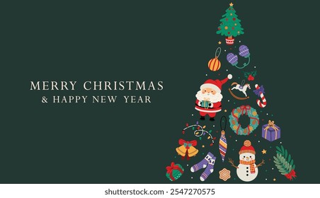 Christmas greeting card design.Modern minimalist template for web, social media, and print. Vector banner on a green isolated background.