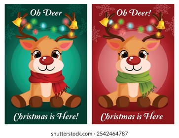 Christmas Greeting Card Designs with Oh Deer! Christmas is Here Text. Cute Reindeer Sitting Wearing Scarf with Jingle Bells and Festive Lights Tangled in Antlers 