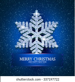 Christmas Greeting Card with Diamond Shining Snowflake. Elegant Winter Design.  Vector illustration