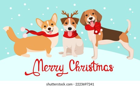 Christmas greeting card with dogs. Vector illustration.
