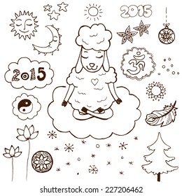 Christmas greeting card doodle elements set with  yoga meditation sheep. Peaceful winter wishes. 