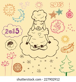 Christmas greeting card doodle elements set with  yoga meditation sheep. Peaceful winter wishes. 