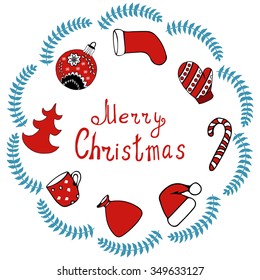 Christmas greeting card with doodle elements. Winter objects.