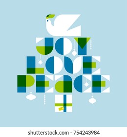 Christmas greeting card with dove and decorated Christmas tree with joy love peace lettering
