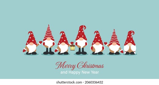 Christmas greeting card with christmas dwarf. Flat cartoon style vector illustration.