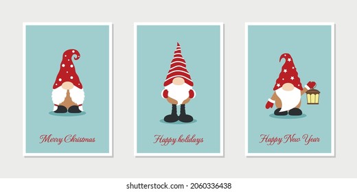 Christmas greeting card with christmas dwarf. Flat cartoon style vector illustration.