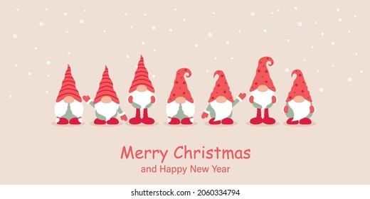 Christmas greeting card with christmas dwarf and snowy landscape. Flat cartoon style vector illustration.