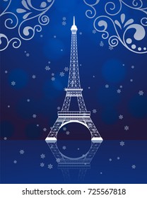 Christmas greeting card with Eiffel tower and snow. Vector illustration.