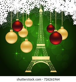 Christmas greeting card with Eiffel tower and christmas balls. Vector illustration.