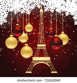 Christmas greeting card with Eiffel tower and christmas balls. Vector illustration.