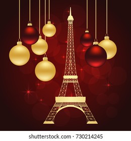 Christmas greeting card with Eiffel tower and christmas balls. Vector illustration.