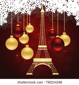 Christmas greeting card with Eiffel tower and christmas balls. Vector illustration.