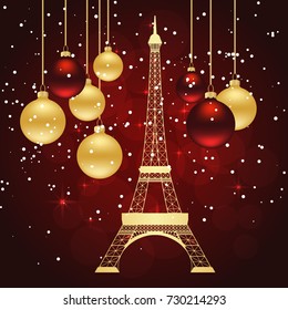 Christmas greeting card with Eiffel tower and christmas balls. Vector illustration.