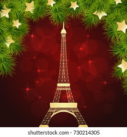 Christmas greeting card with Eiffel tower and christmas decorations. Vector illustration.