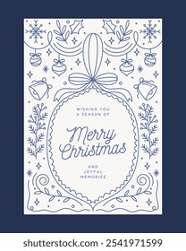 Christmas Greeting Card in Elegant Blue Line Art with Festive Ornaments, Ribbon, and Joyful Memories Message