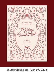 Christmas Greeting Card in Elegant Red Line Art with Festive Ribbons, Reindeer, and Joyful Memories Message