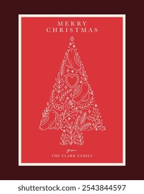 Christmas Greeting Card with Elegant Tree Illustration in Red, Featuring Birds, Foliage, and Holiday Elements