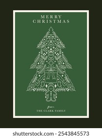 Christmas Greeting Card with Elegant Tree Illustration in Green, Featuring Line Art of Ornaments, Foliage, and Holiday Elements