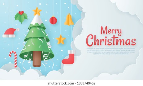 Christmas greeting card with christmas element. Paper art vector. Vector illustration