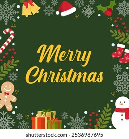Christmas greeting card with christmas elements and snowflakes around it on green background. Vector illustration christmas greeting card on the green background.