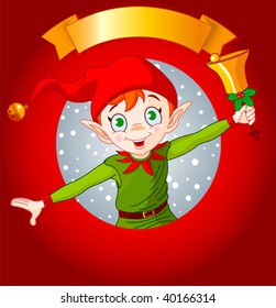 Christmas greeting card with Christmas elf ringing a bell.