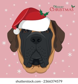 Christmas greeting card. English Mastiff dog with red Santa´s hat
