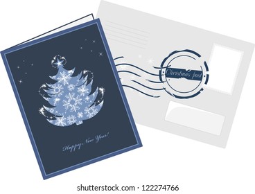 Christmas greeting card and envelop with post stamp. Vector
