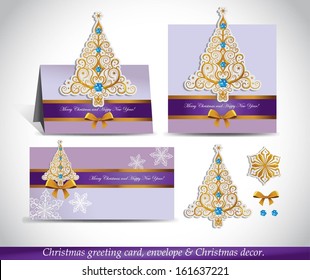 Christmas Greeting Card with envelope and decor. Presentation 