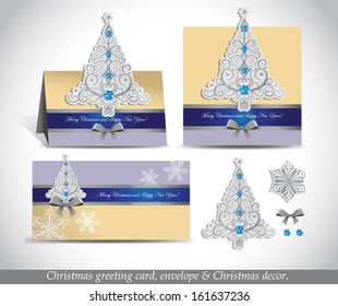 Christmas Greeting Card with envelope and decor. Presentation 