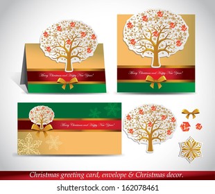 Christmas Greeting Card with envelope and decor. Presentation 