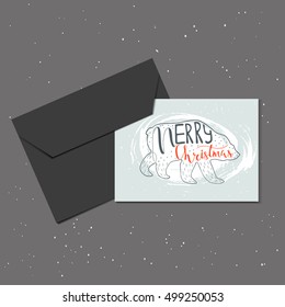 Christmas greeting card with envelope. Hand made elements and lettering for perfect postcards, invitations. Trendy New Year design. Vector typography.