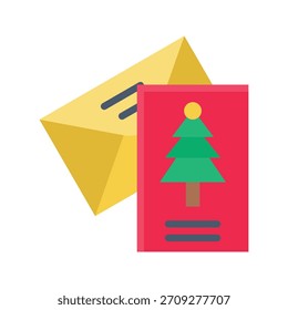 Christmas Greeting Card with Envelope Vector Illustration, Flat Style Icon