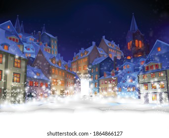 Christmas greeting card. Fabulous snow-covered town in the Christmas night. Highly realistic illustration.