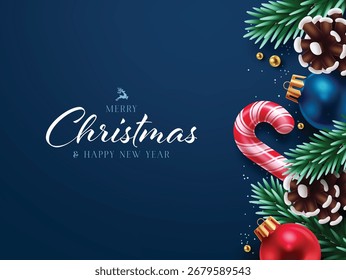 Cartão comemorativo de Natal com bengala de doces, baubles vermelhos e azuis, pinecones e ramos de abeto em um fundo azul escuro. Design festivo perfeito para comemoração de férias, decoração.
