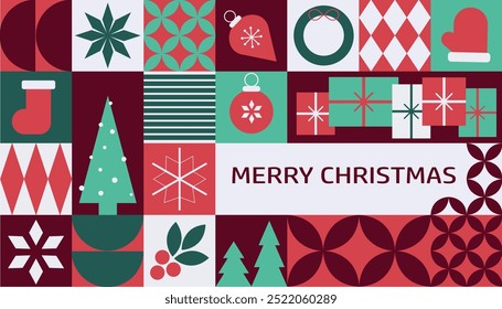 Christmas greeting card featuring festive symbols on a geometric background with simple shapes, combining creative modern art and holiday spirit.