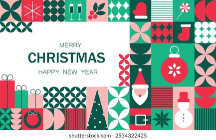 Christmas greeting card featuring geometric mosaic elements with traditional holiday symbols. Ideal for banners and posters celebrating the Christmas season. Vector illustration.